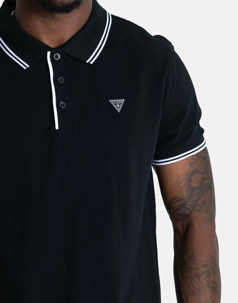 Guess Men's Classic Black Tipped Polo Shirt - Premium Cotton Blend