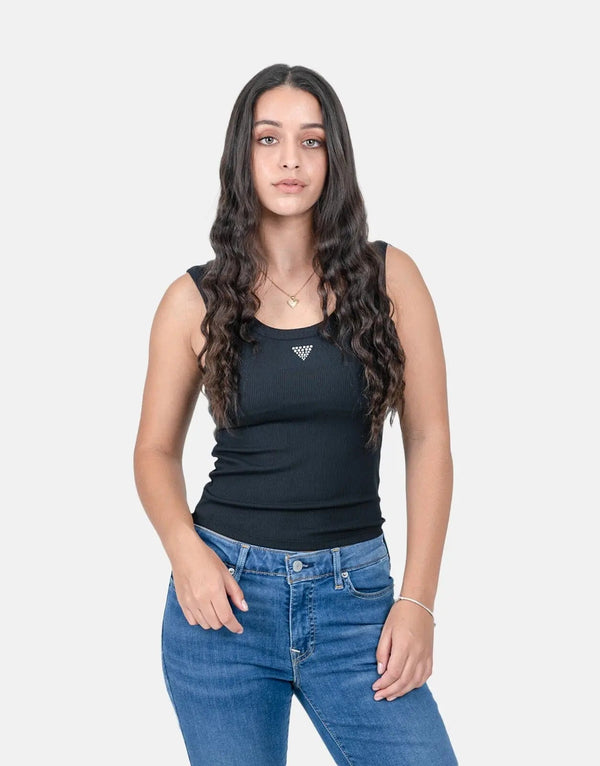 Guess Women's Triangle Bling Ribbed Black Tank Top - Sparkle Style