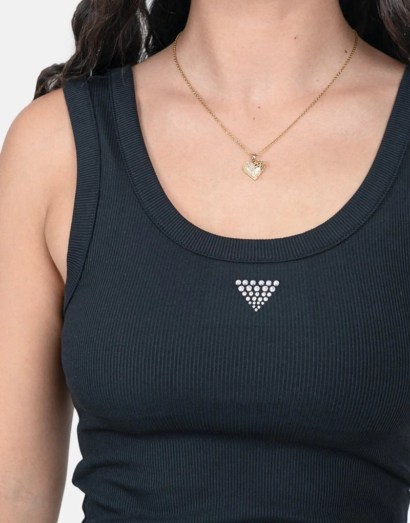 Guess Women's Triangle Bling Ribbed Black Tank Top - Sparkle Style
