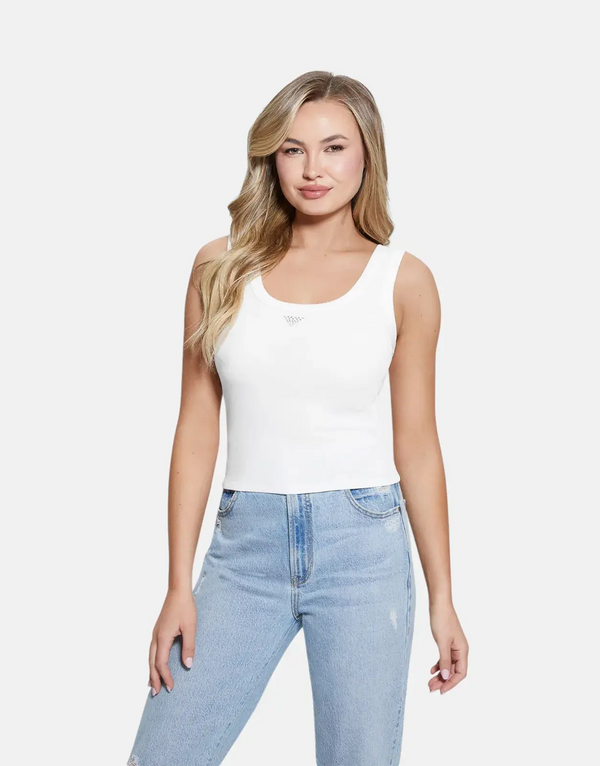 Guess Women's Triangle Bling Ribbed White Tank Top Embellished Logo