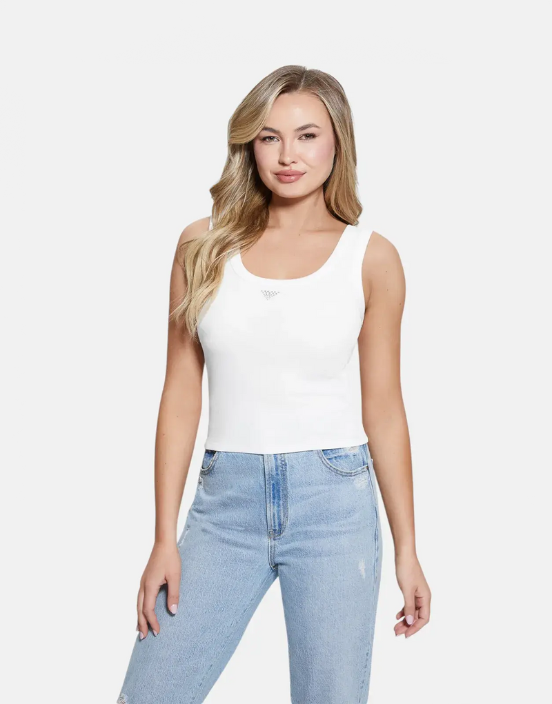Guess Women's Triangle Bling Ribbed White Tank Top Embellished Logo