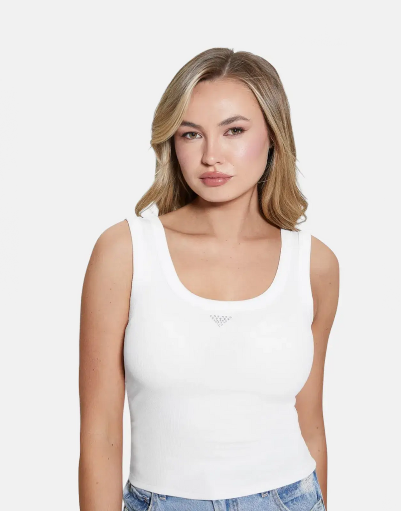 Guess Women's Triangle Bling Ribbed White Tank Top Embellished Logo
