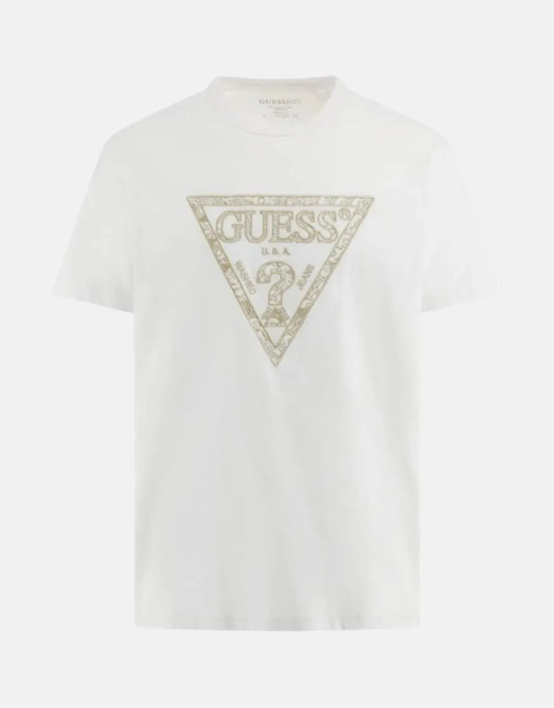 Classic Guess White Cotton Tee: Iconic Embroidered Triangle Logo, Regular Fit