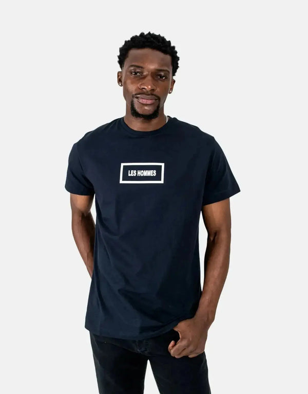 Les Hommes Men's Navy Box Print Designer T-Shirt: Premium Cotton Blend, Stylish Fit