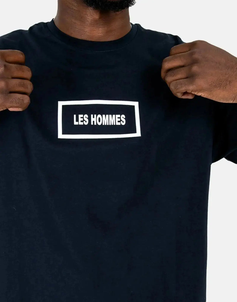 Les Hommes Men's Navy Box Print Designer T-Shirt: Premium Cotton Blend, Stylish Fit