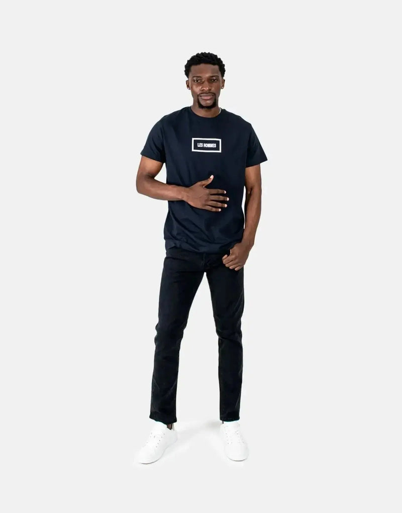 Les Hommes Men's Navy Box Print Designer T-Shirt: Premium Cotton Blend, Stylish Fit