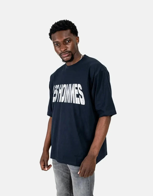 Les Hommes Men's Glitter Print Navy T-Shirt - Premium Cotton, Stylish Statement Top