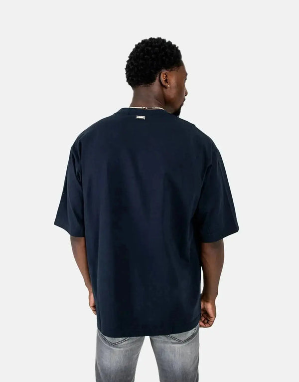 Les Hommes Men's Glitter Print Navy T-Shirt - Premium Cotton, Stylish Statement Top