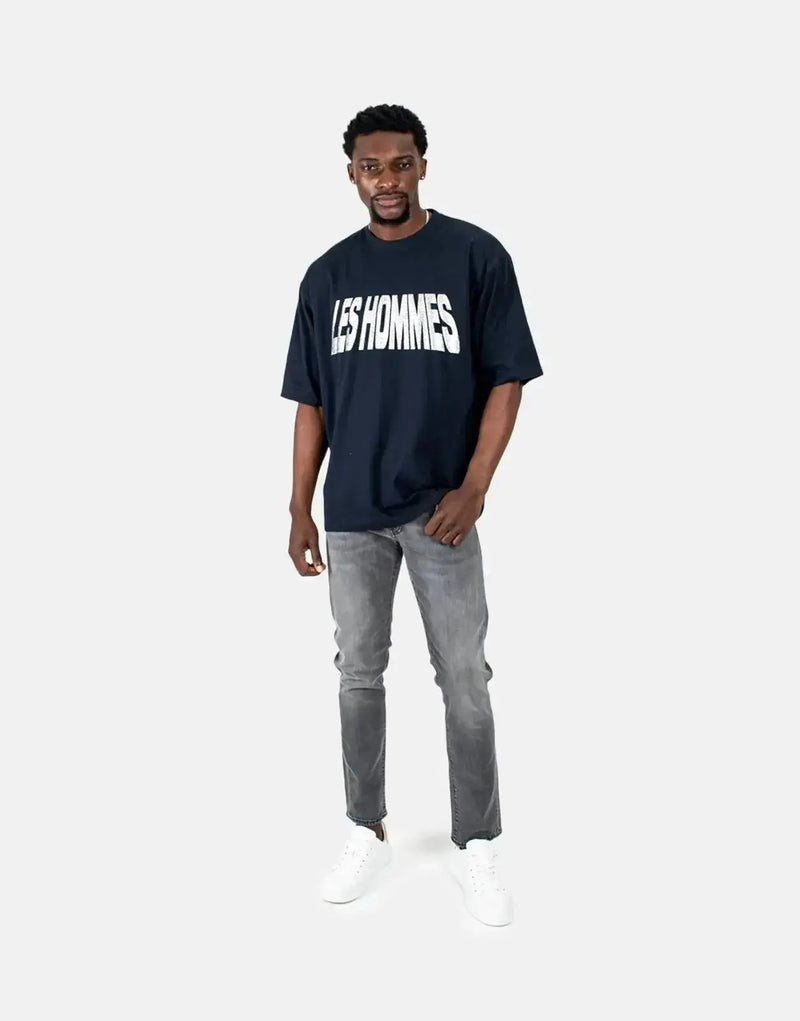 Les Hommes Men's Glitter Print Navy T-Shirt - Premium Cotton, Stylish Statement Top