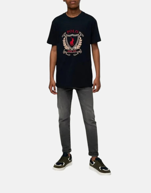 Polo Boys Cory Crested Navy Cotton T-Shirt - Relaxed Fit, Embroidered Logo