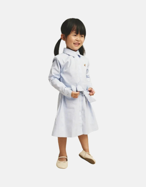Polo Girls Harper Ice Blue Cotton Belted Long Sleeve Shirt Dress