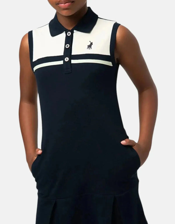 Polo Girls' Kerry Navy Color Blocked Cotton Pique Sleeveless Golfer Dress