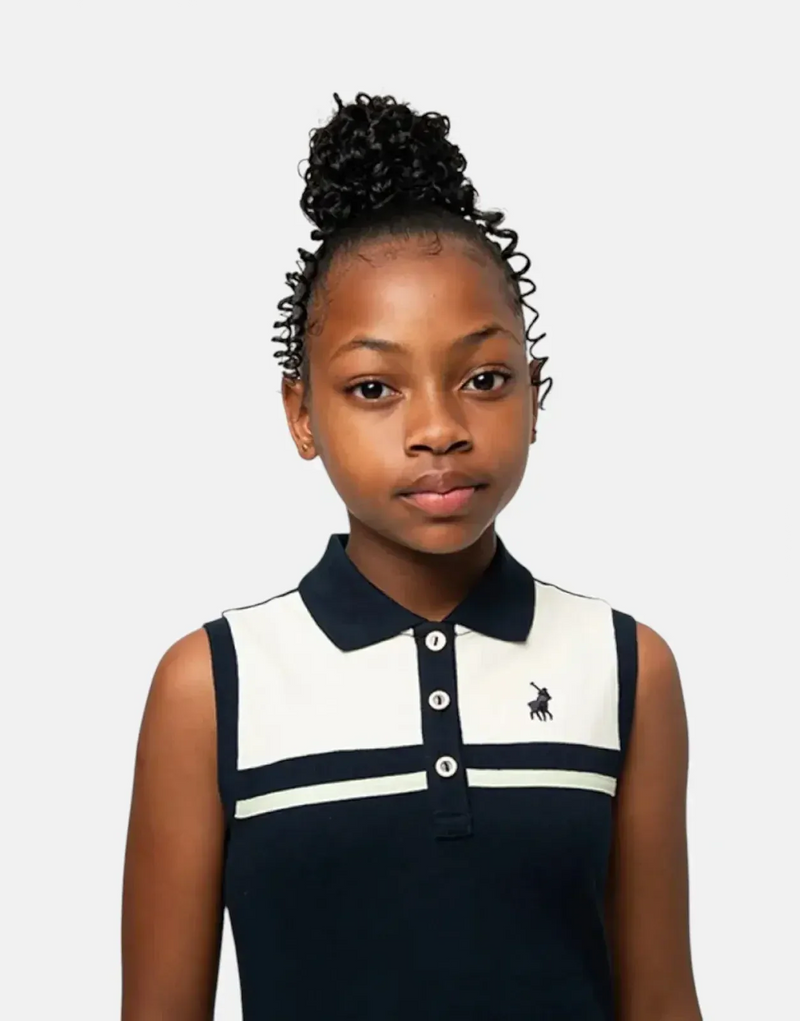 Polo Girls' Kerry Navy Color Blocked Cotton Pique Sleeveless Golfer Dress