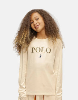 Polo Olivia Girls' Long Sleeve Stone T-Shirt: Eco-Friendly, Lurex Embroidered, Comfy Fit