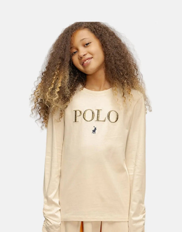Polo Olivia Girls' Long Sleeve Stone T-Shirt: Eco-Friendly, Lurex Embroidered, Comfy Fit