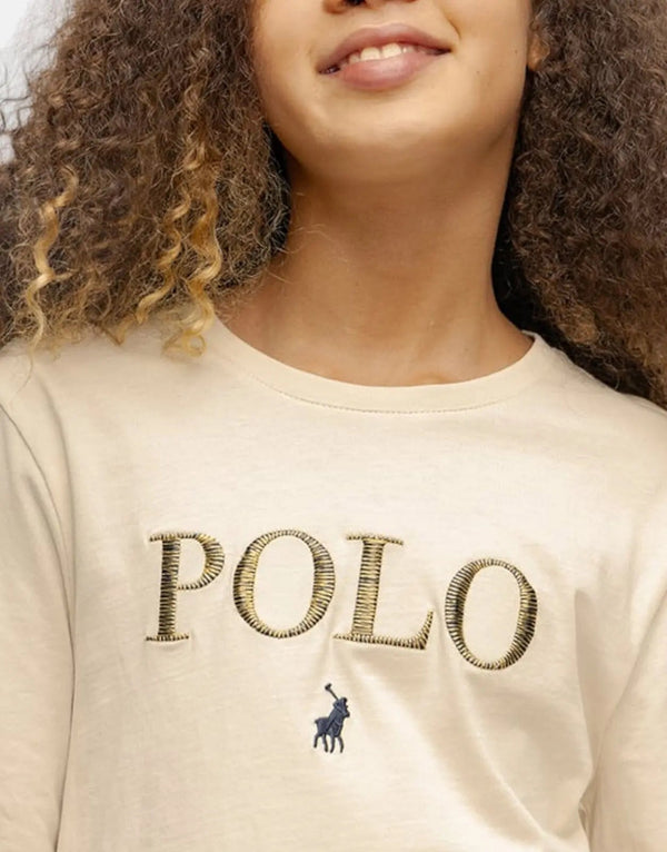 Polo Olivia Girls' Long Sleeve Stone T-Shirt: Eco-Friendly, Lurex Embroidered, Comfy Fit