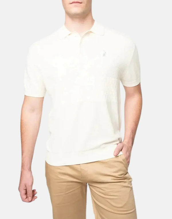 Men's Textured Knitted Off-White Polo Shirt, Soft Comfortable Golfer Style Top