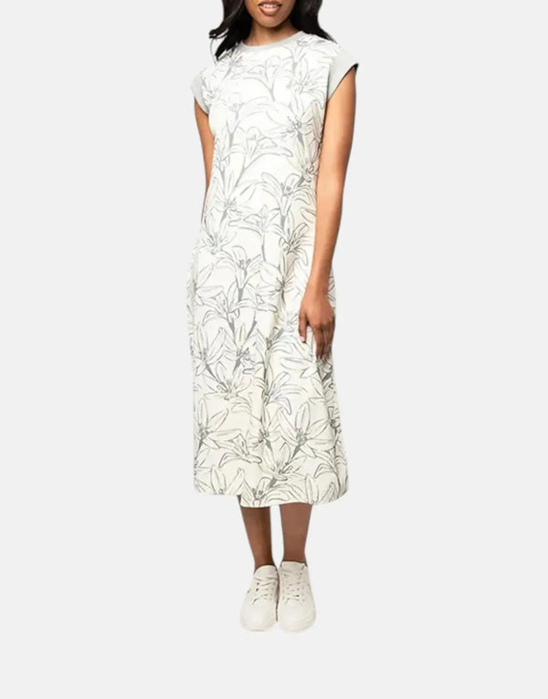 Polo Zyanda Off-White Floral Midi Dress for Women - Soft Cotton Elastane Blend