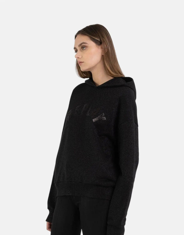 Replay Women's Bling Hooded Black Sweatshirt: Soft Cotton, Lurex, Micro Studs