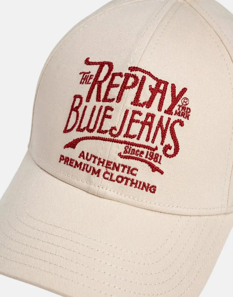 Replay Blue Jeans Embroidered White Smoke Baseball Cap - Cotton Canvas