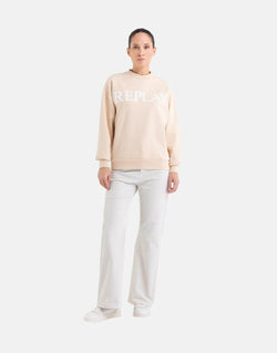 Replay Bold Logo Print Cotton Sweatshirt for Women, Oversized Fit, Brown