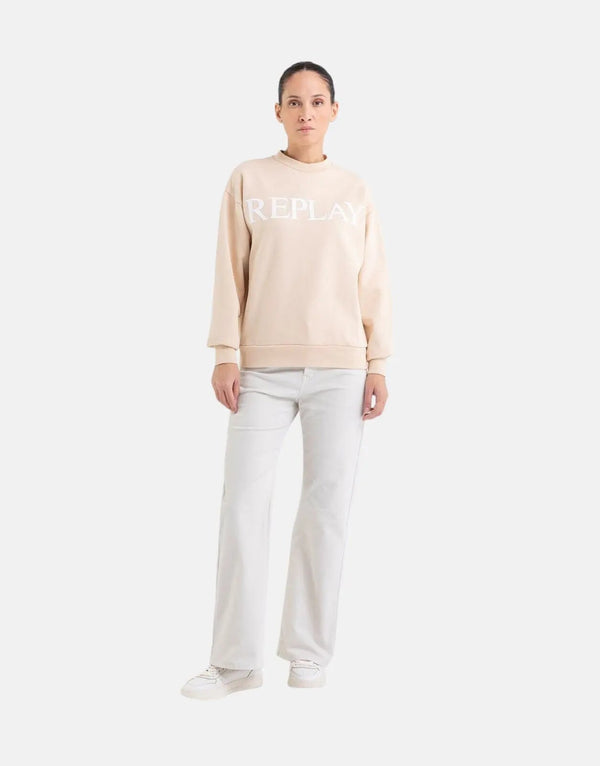 Replay Bold Logo Print Cotton Sweatshirt for Women, Oversized Fit, Brown