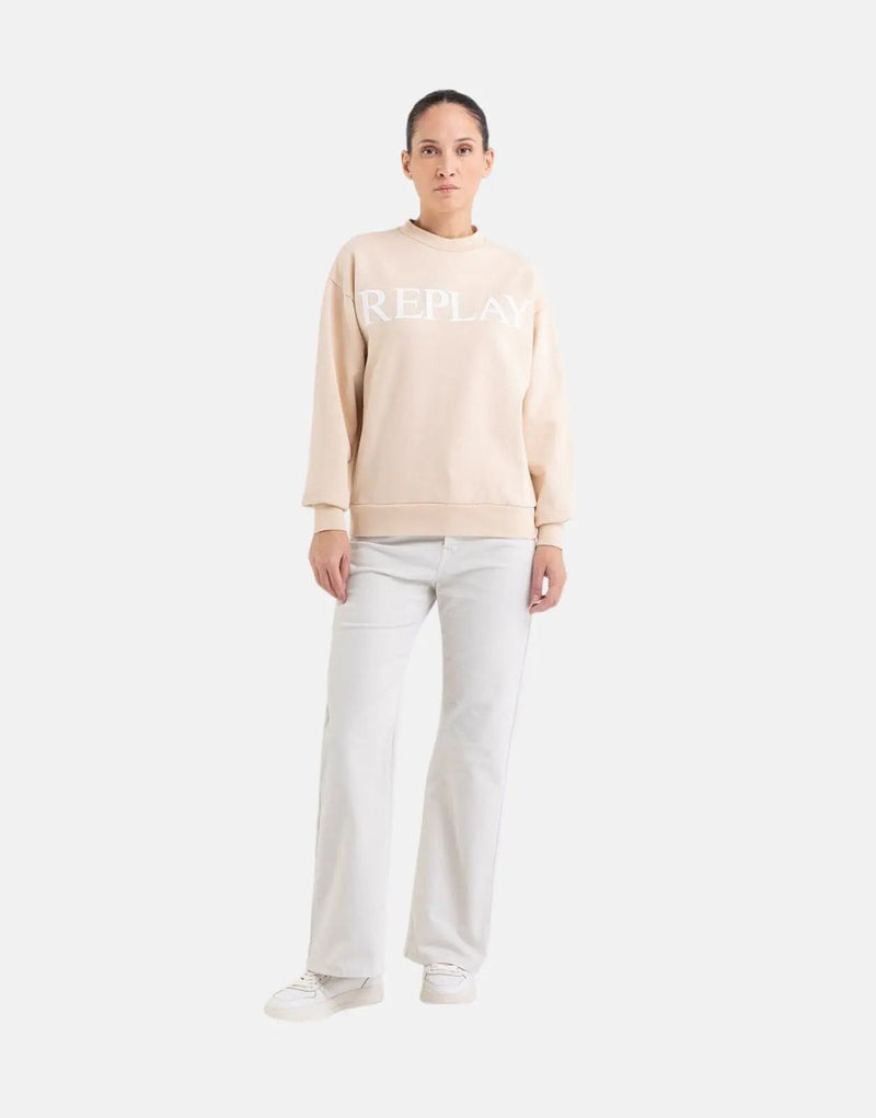 Replay Bold Logo Print Cotton Sweatshirt for Women, Oversized Fit, Brown