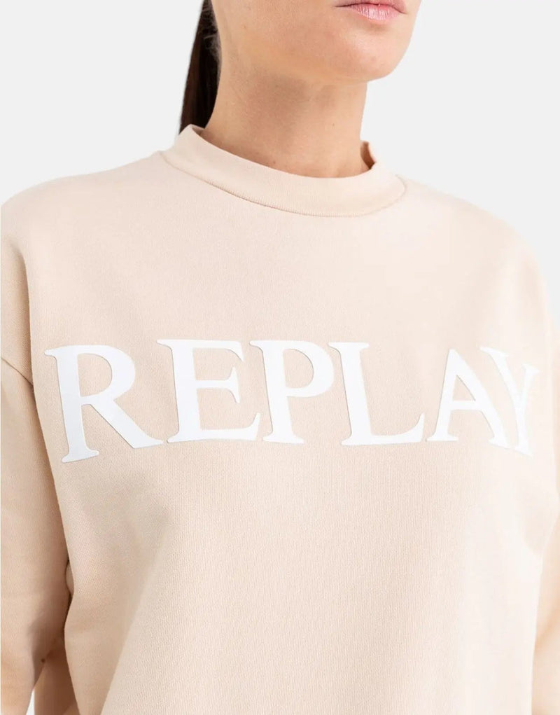 Replay Bold Logo Print Cotton Sweatshirt for Women, Oversized Fit, Brown