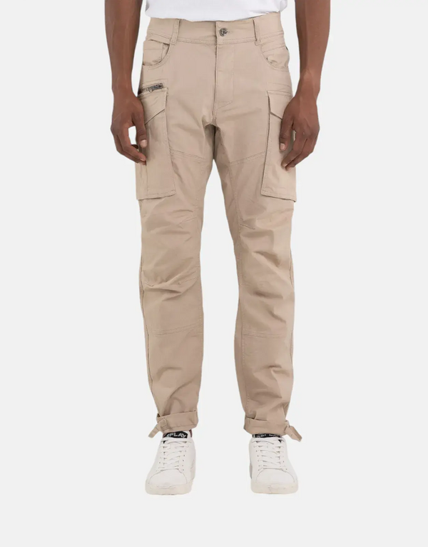 Replay Men's Rugged Brown Stretch Cotton Twill Cargo Pants with Multi-Pockets