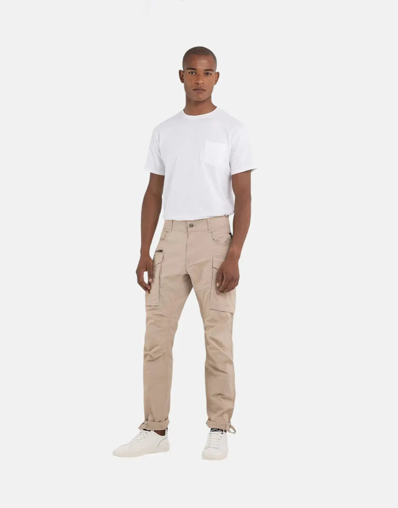 Replay Men's Rugged Brown Stretch Cotton Twill Cargo Pants with Multi-Pockets
