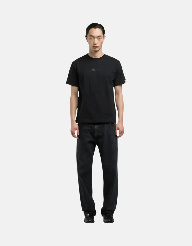 Replay Men's Black Organic Cotton Crew Neck Rubber Logo T-Shirt