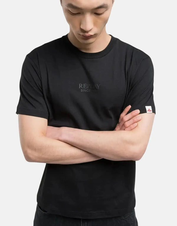 Replay Men's Black Organic Cotton Crew Neck Rubber Logo T-Shirt