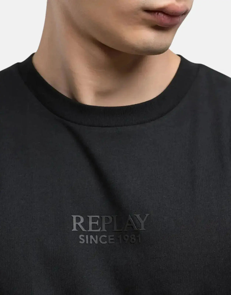 Replay Men's Black Organic Cotton Crew Neck Rubber Logo T-Shirt