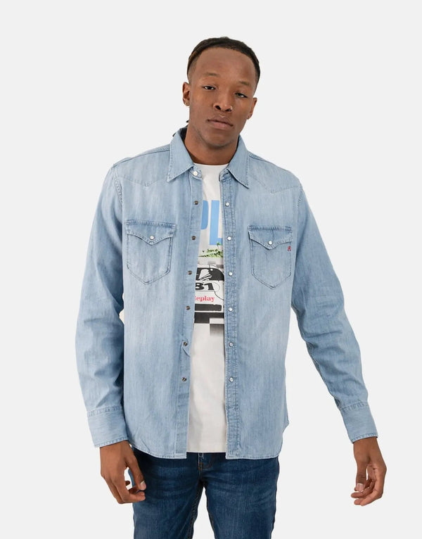Replay Men's Mid-Wash Blue Denim Shirt: Premium Button-Up Casual Style