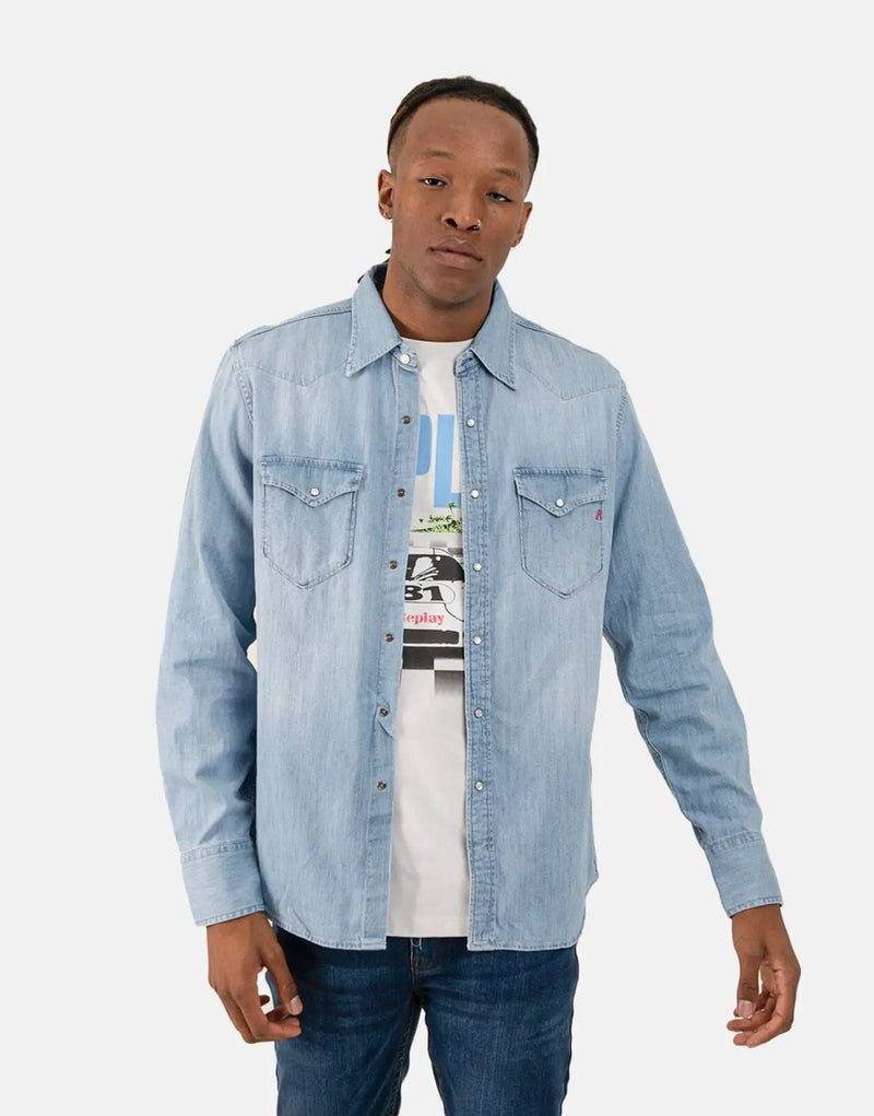 Replay Men's Mid-Wash Blue Denim Shirt: Premium Button-Up Casual Style