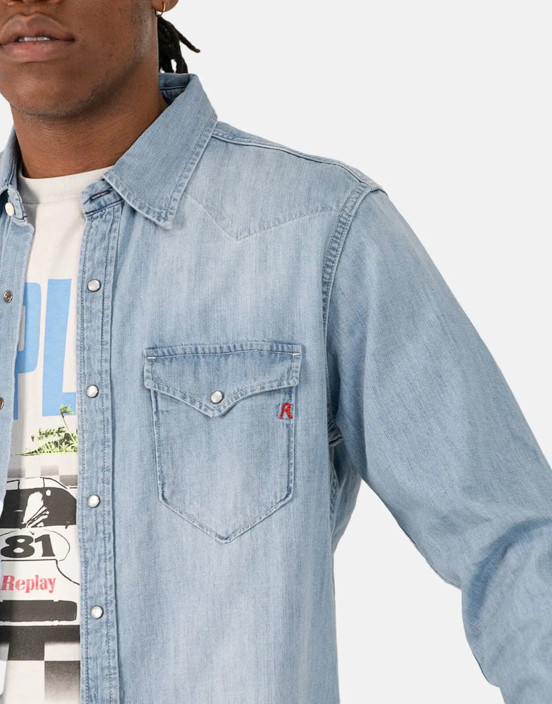 Replay Men's Mid-Wash Blue Denim Shirt: Premium Button-Up Casual Style