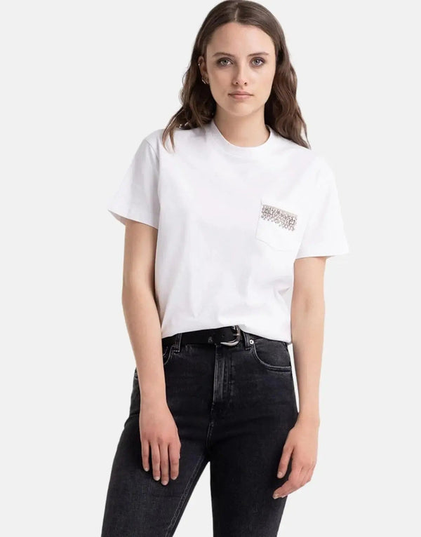 Replay Women's Diamond Pocket T-Shirt: Soft Cotton, Rhinestone Embellished, Crewneck Style