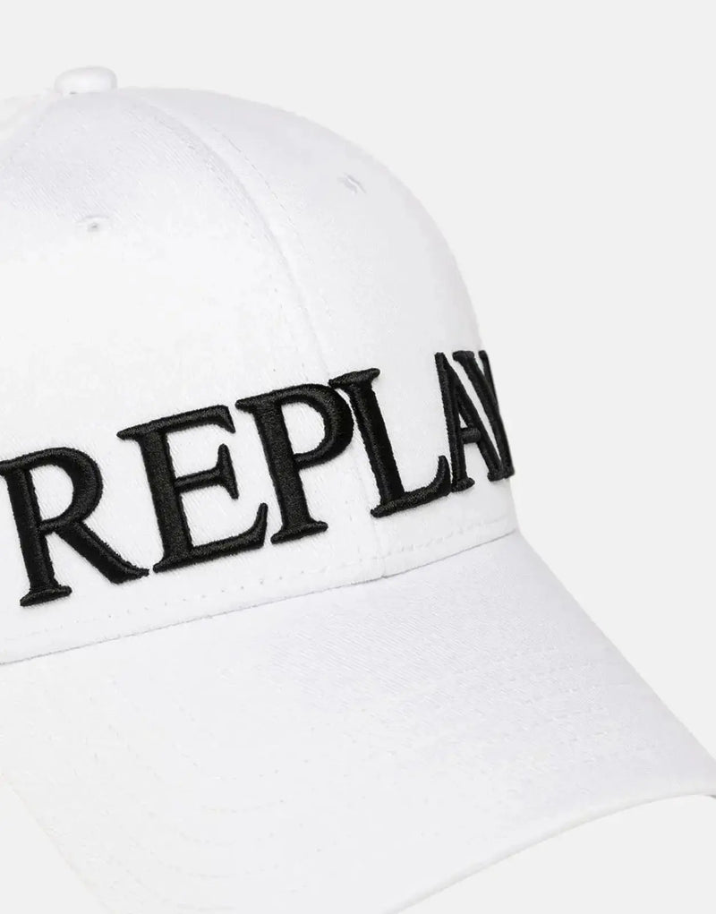 Replay Embroidered Large Logo Optical White Cap: Durable Cotton Twill, Adjustable Fit