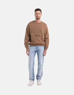 Replay Men's Embossed Logo Brown Cotton Sweatshirt – Regular Fit Crewneck