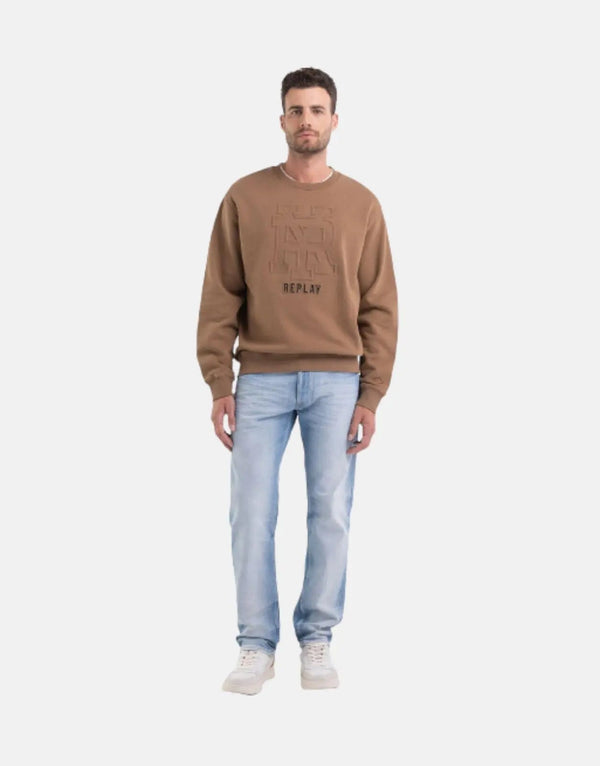 Replay Men's Embossed Logo Brown Cotton Sweatshirt – Regular Fit Crewneck