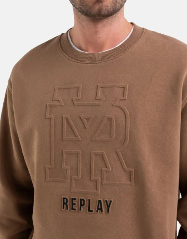 Replay Men's Embossed Logo Brown Cotton Sweatshirt – Regular Fit Crewneck