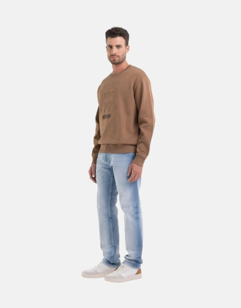 Replay Men's Embossed Logo Brown Cotton Sweatshirt – Regular Fit Crewneck