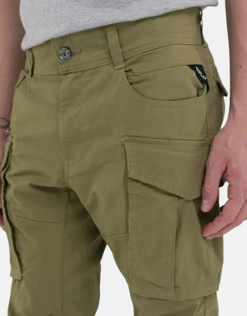Replay Men's Green Stretch Cotton Cargo Pants with Utility Pockets & Adjustable Hems
