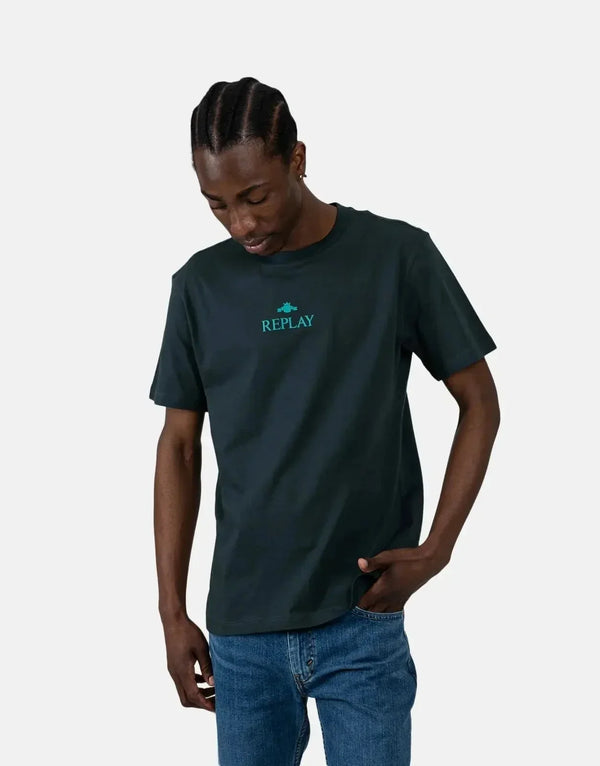 Replay Men's Casual Black T-Shirt with Bold Green Logo Print