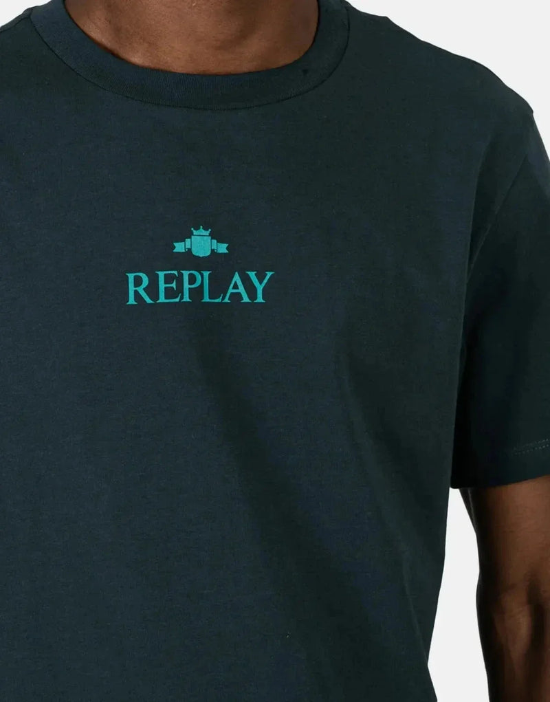 Replay Men's Casual Black T-Shirt with Bold Green Logo Print