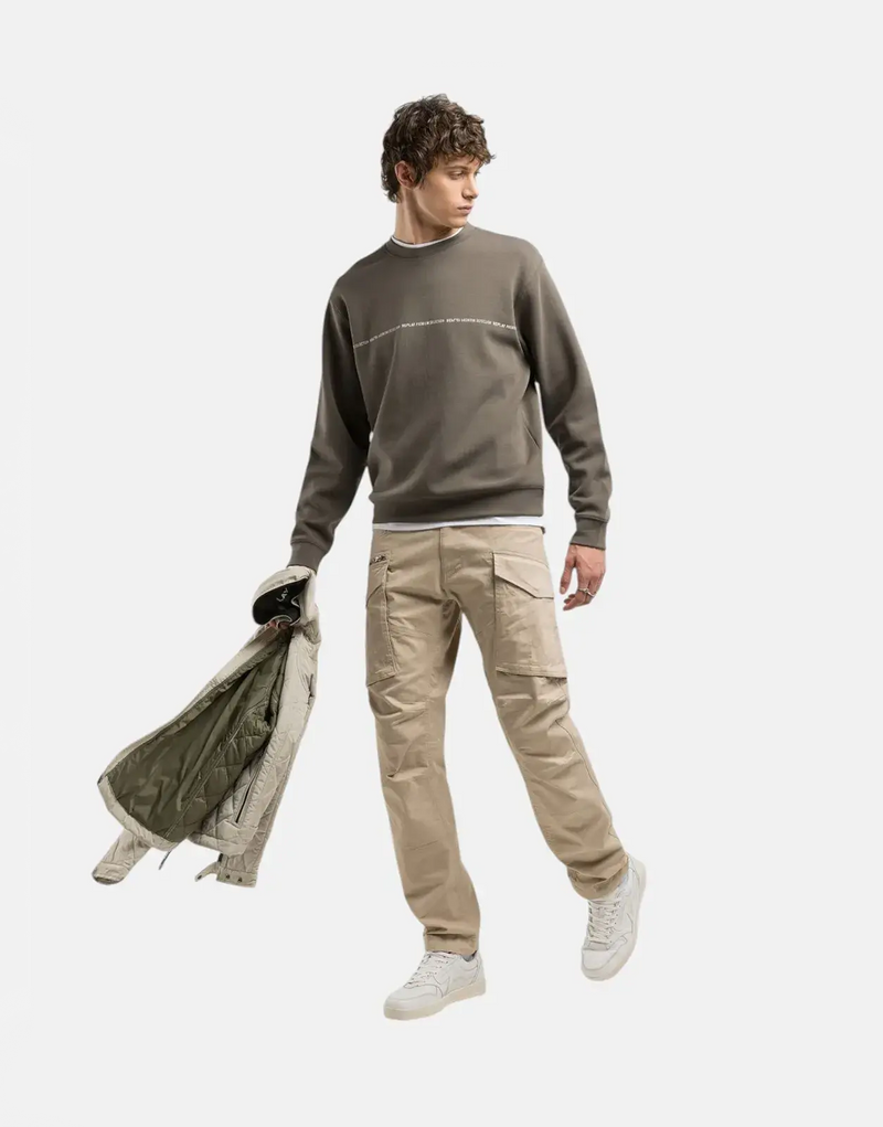 Replay Men's Khaki Stretch Cotton Twill Cargo Pants with Functional Pockets