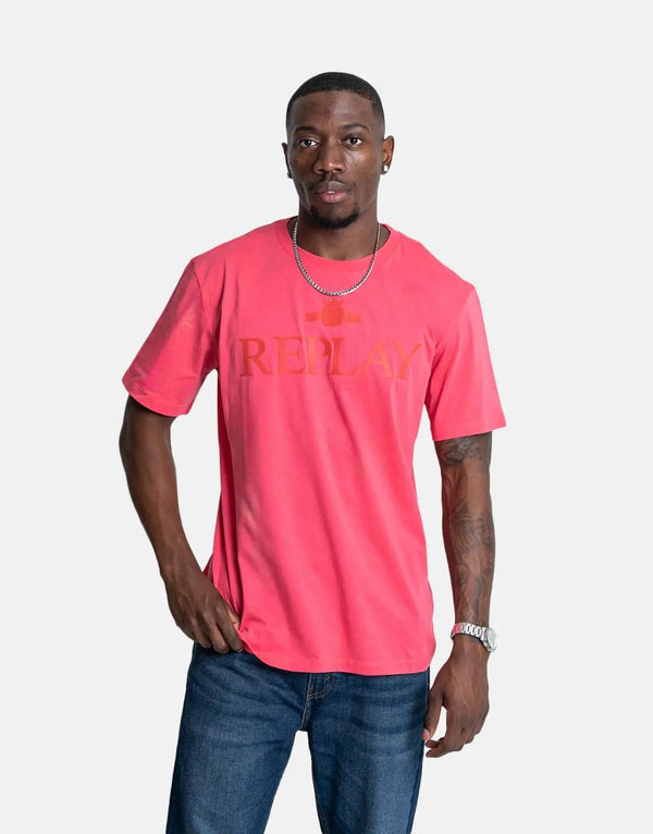 Replay Men's Large Font Tonal Pink Cotton Crew Neck T-Shirt