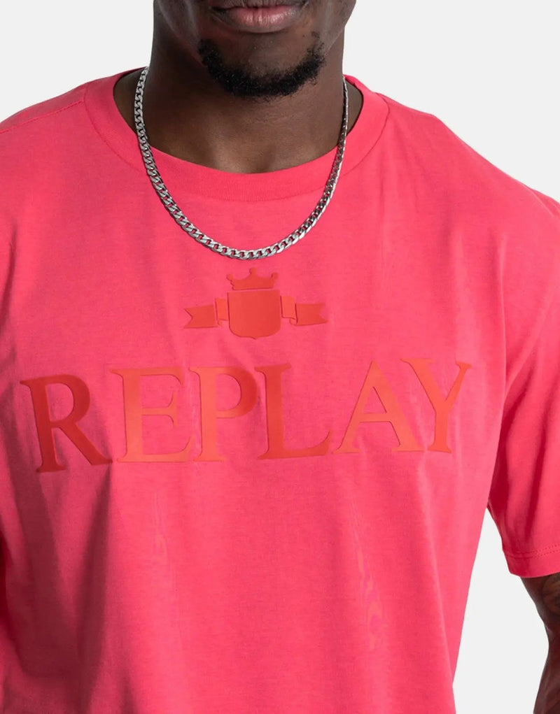Replay Men's Large Font Tonal Pink Cotton Crew Neck T-Shirt