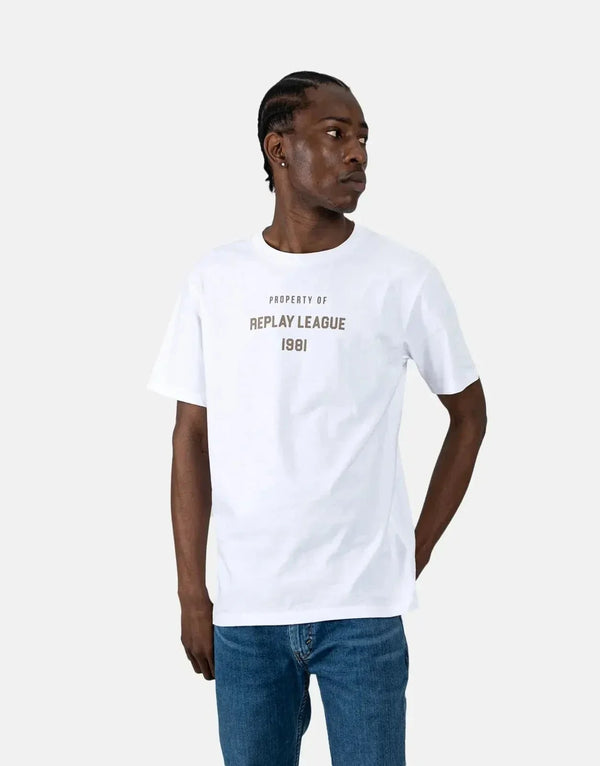 Timeless Replay League 1981 White Cotton Crew Neck T-Shirt for Effortless Style