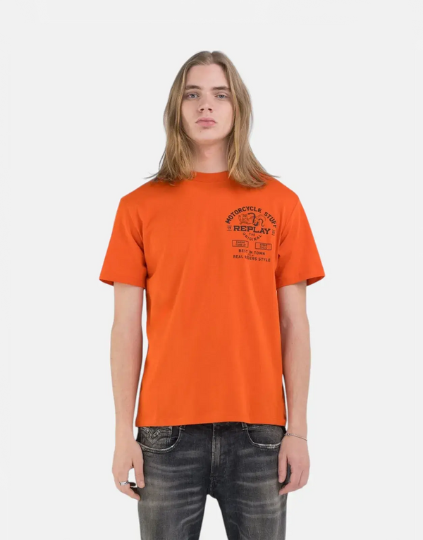 Replay Men's Blaze Orange Cotton Crew-Neck T-Shirt with Motorcycle Store Logo